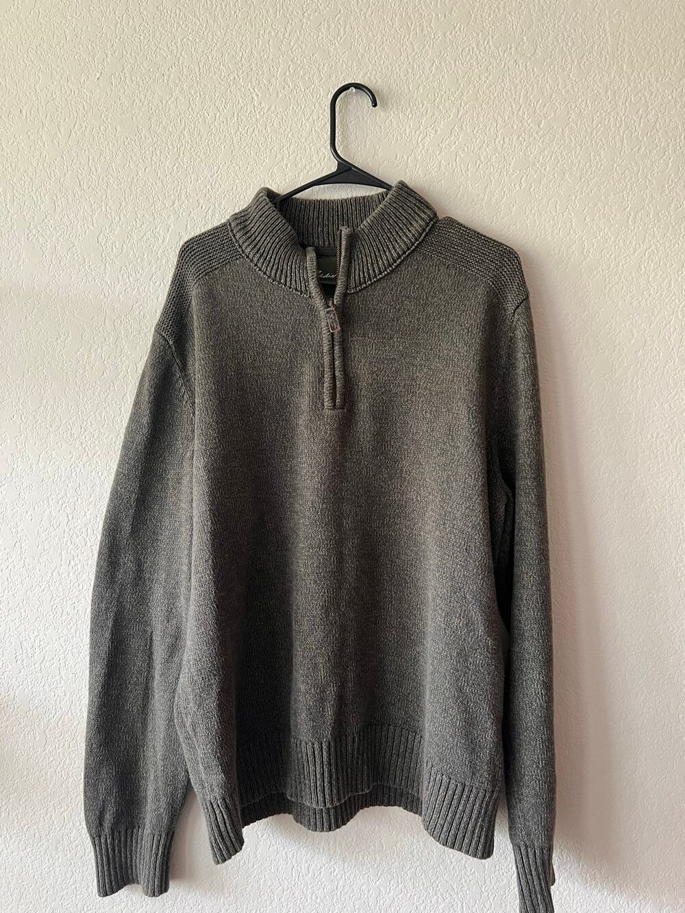 Eddie Bauer Men's Quarter Zip Knit Sweater Gray Mock Neck Cotton